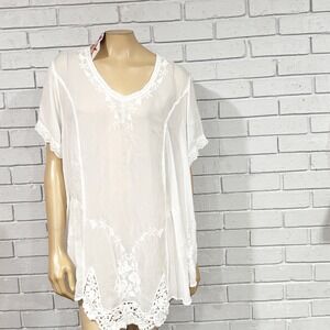 Johnny Was White Embroidered Crochet Lace Tunic Top Blouse Plus Size 1X Boho